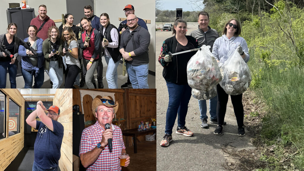 collage of photos of workers of wsi throwing axes, picking up trash at a partk, summer party, and team outings