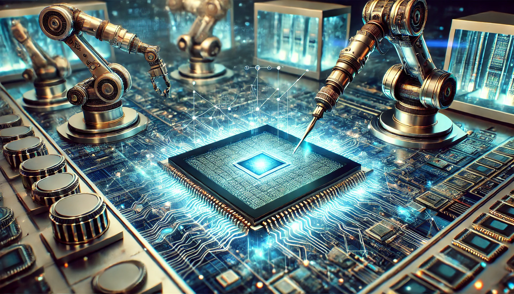 illustration of micro robots building a semi conductor chip