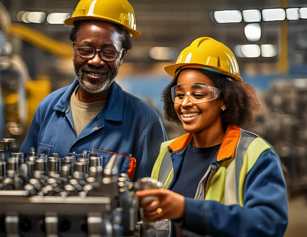 apprentice female works with older male on factory floor.