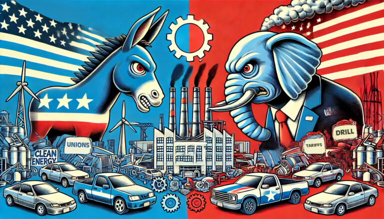clean energy symbols like electric cars and windmills on the blue side under the donkey, and a pickup truck with oil rigs on the red side under the elephant. This should further highlight the contrast in political ideologies, while keeping the manufacturing center unaffected by the chaos.